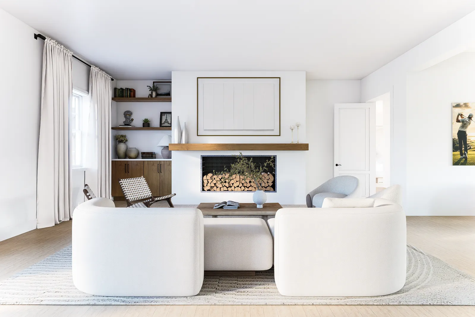 Bright Aurora Oaks clubhouse lounge with a fireplace and comfortable seating.