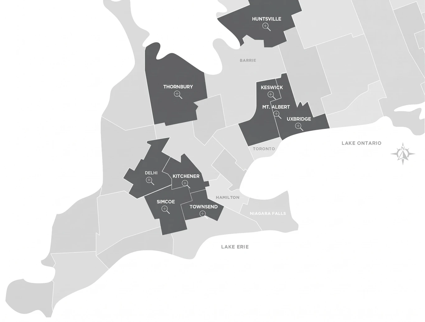 Map of southern Ontario showing Calibrex community locations including Simcoe, Townsend, Delhi, Thornbury, Keswick, Mount Albert and Uxbridge.