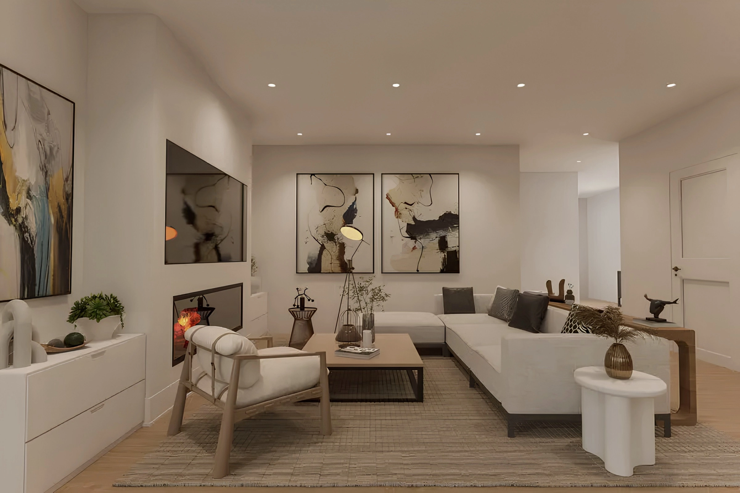 A contemporary living room with sculptural furniture, a fireplace and abstract artwork.