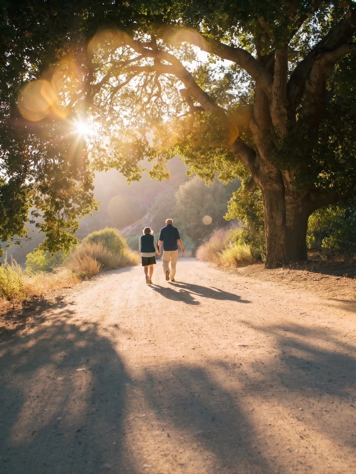 A couple walking along a sunlit path beneath leafy trees.
