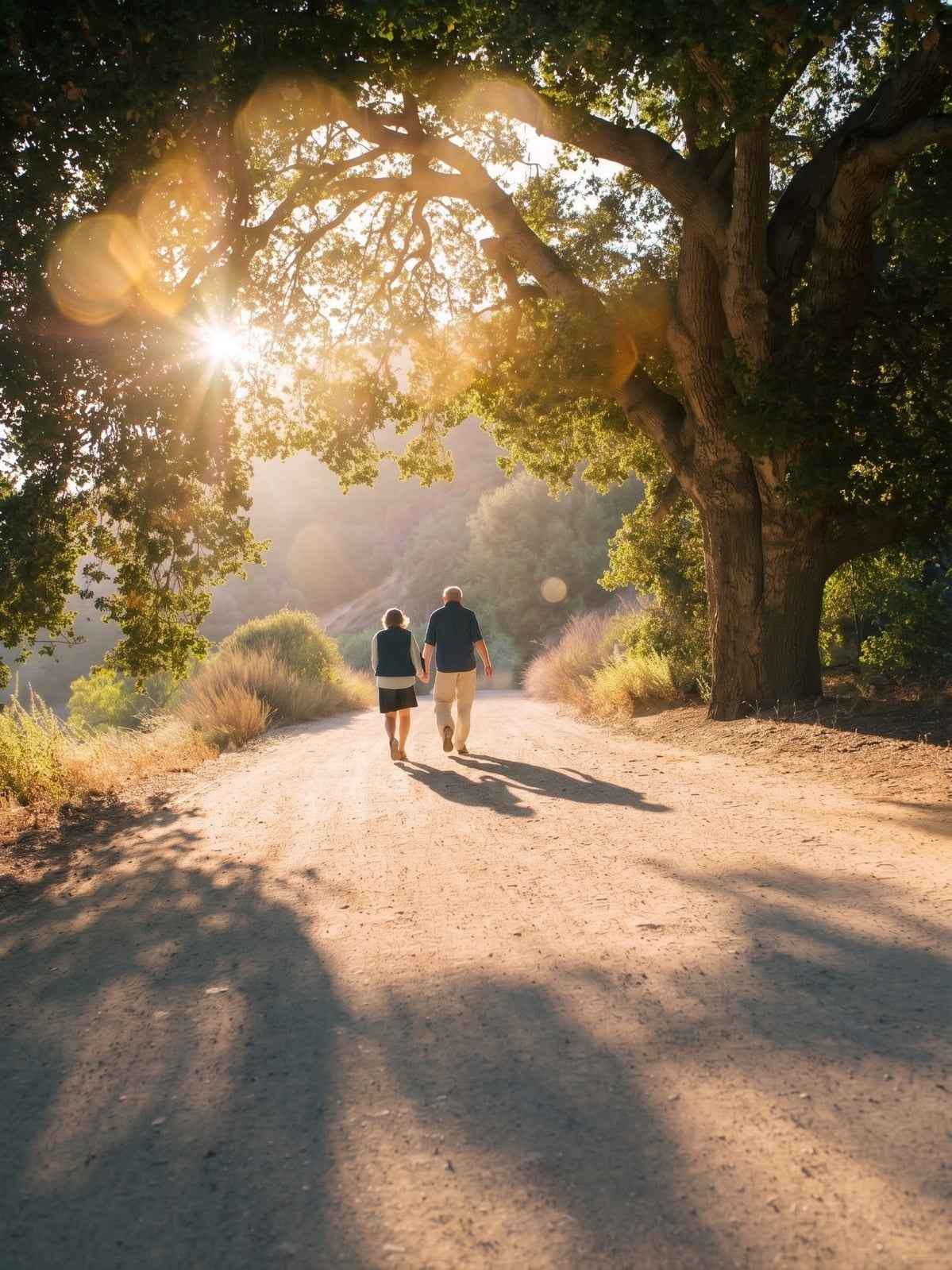A couple walking along a sunlit path beneath leafy trees.