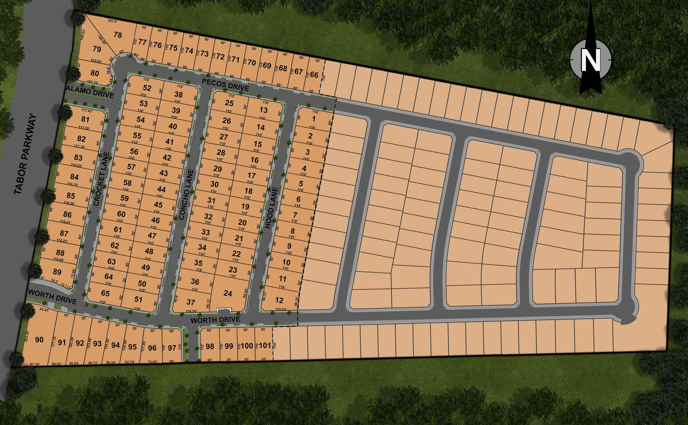 The Enclave at Kings Fort site plan beside Tabor Parkway, showing numbered lots, neighbourhood streets, a north arrow, and a legend for 101 lots and 114 lots.