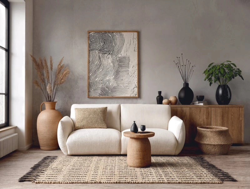 A neutral living room with a curved sofa, textured rug and natural wood accents.