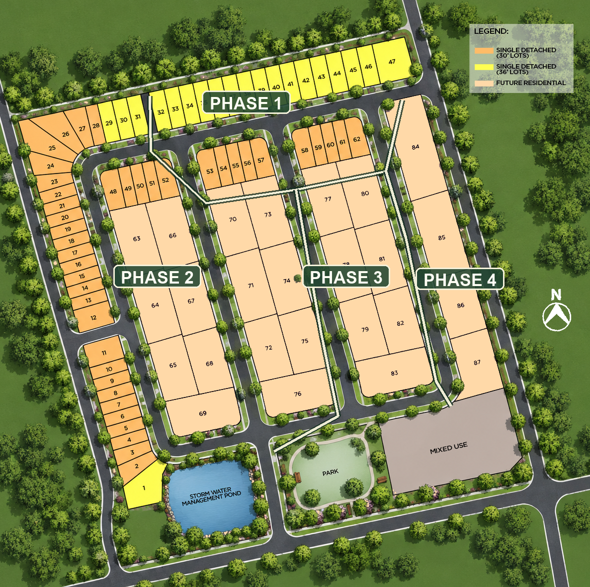 Greenleaf Village site plan showing numbered lots, streets, park, storm water management pond, and bungalow and townhouse lot types.