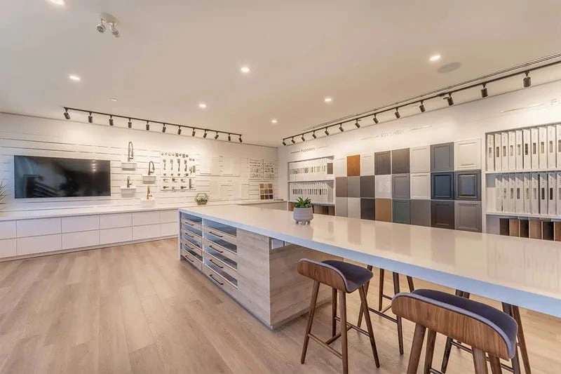 The Design Studio consultation counter surrounded by finish samples.