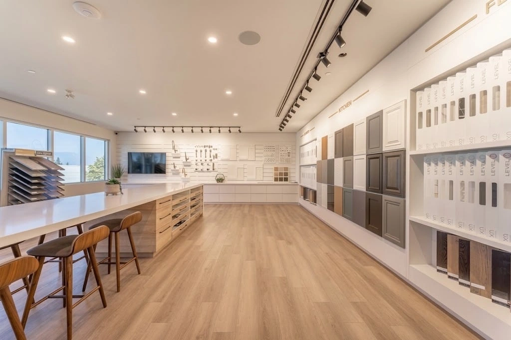 The studio’s wall of cabinetry and interior finish samples.