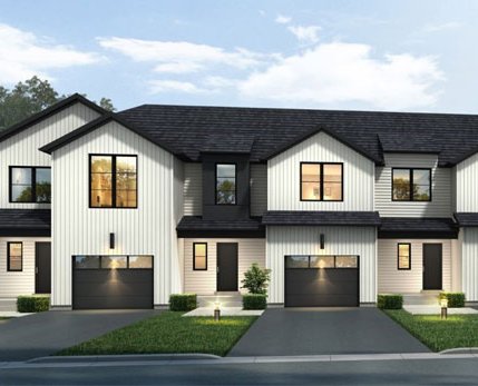 A rendering of white board-and-batten townhomes at Townsend.