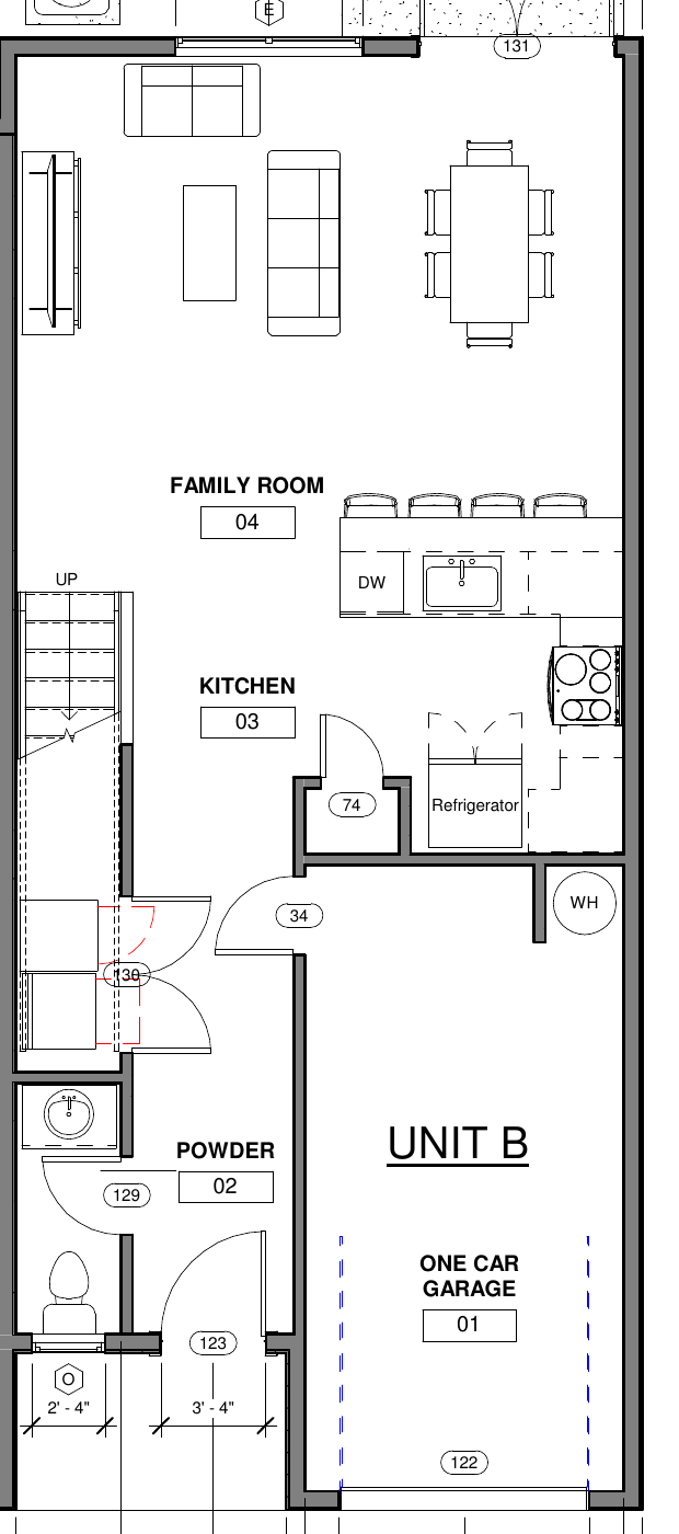 First floor plan of The Gallop at Aurora Oaks, with family room, kitchen, powder room and one-car garage.