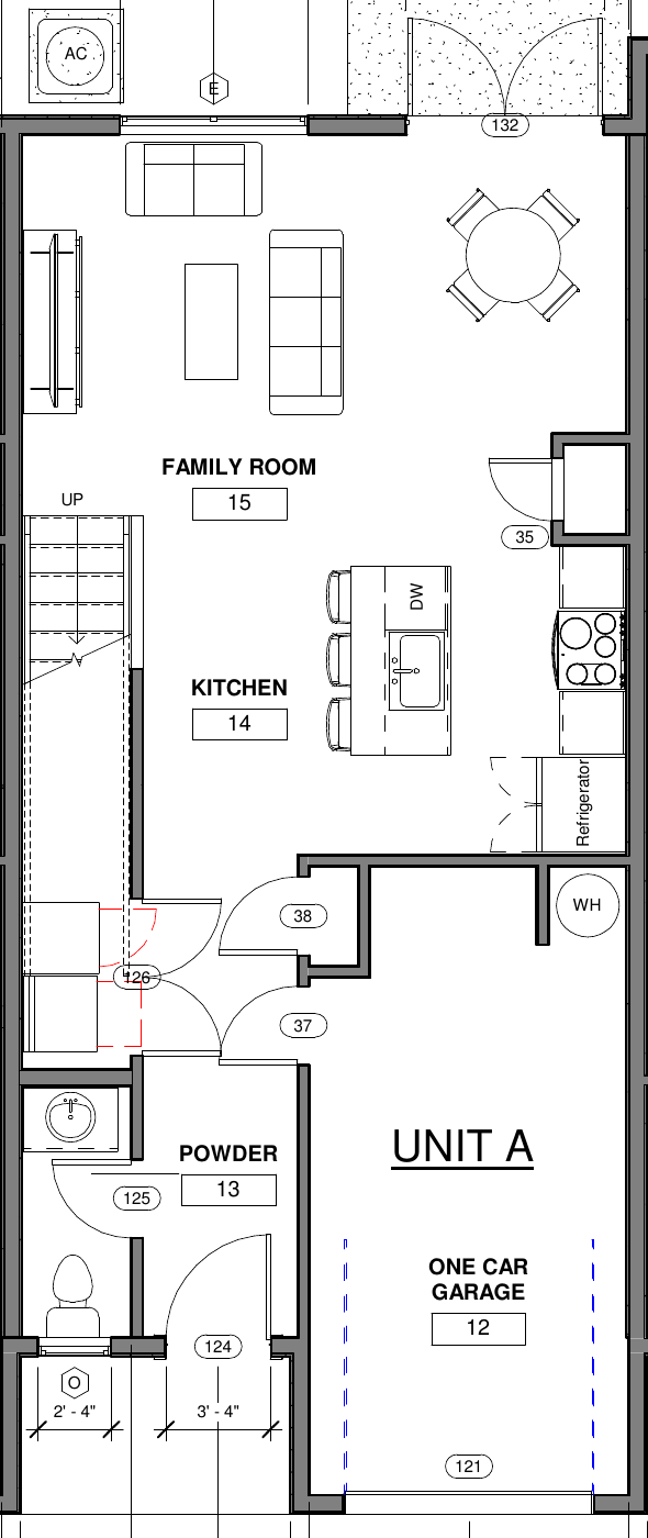 First floor plan of The Lope at Aurora Oaks, with family room, kitchen, powder room and one-car garage.
